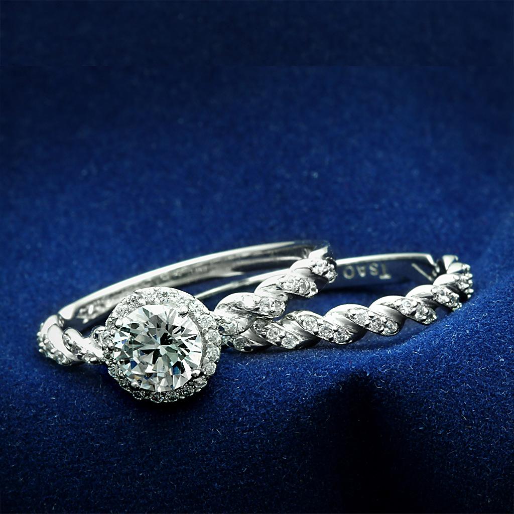 TS046 - Rhodium 925 Sterling Silver Ring with AAA Grade CZ in Clear