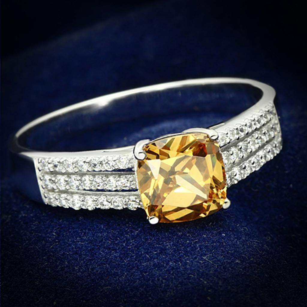TS099 - Rhodium 925 Sterling Silver Ring with AAA Grade CZ in Champagne