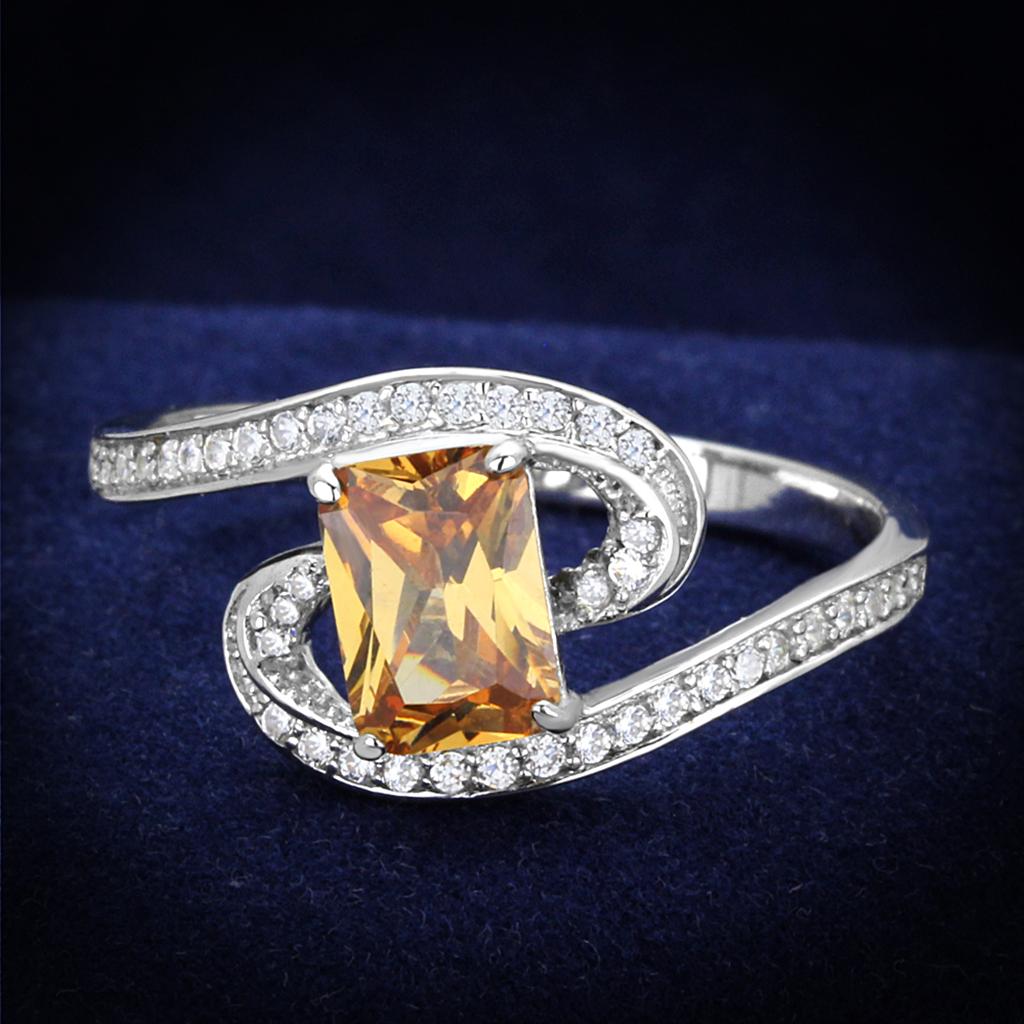 TS183 - Rhodium 925 Sterling Silver Ring with AAA Grade CZ in Champagne