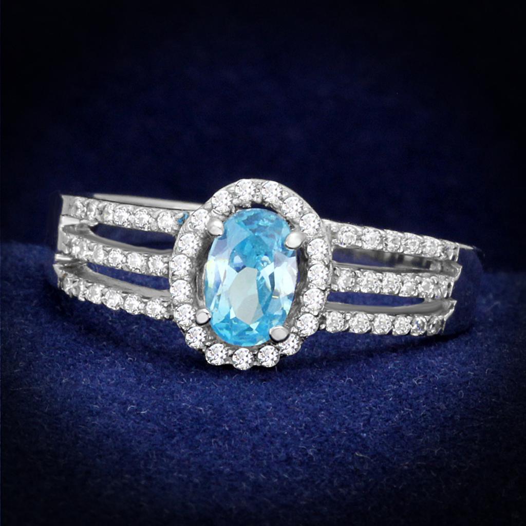 TS184 - Rhodium 925 Sterling Silver Ring with AAA Grade CZ in Sea Blue