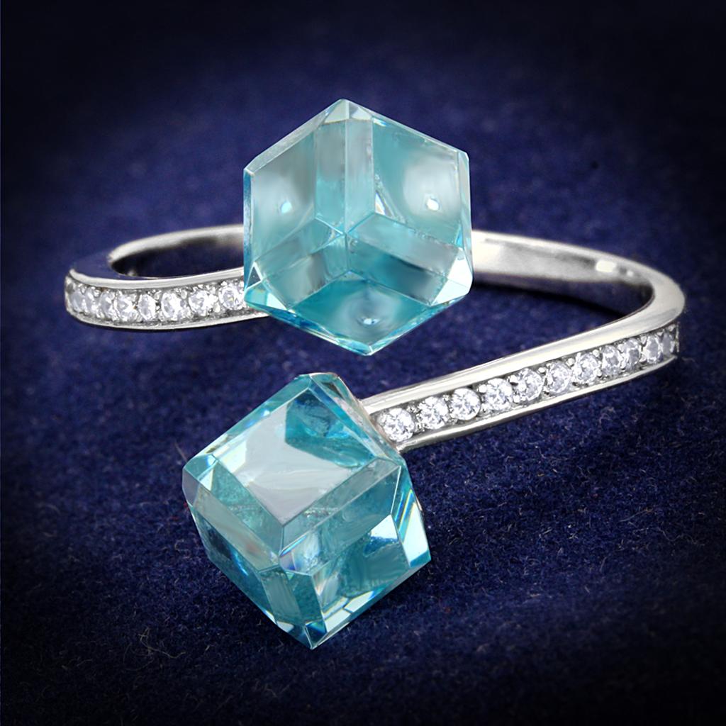 TS317 - Rhodium 925 Sterling Silver Ring with AAA Grade CZ in Sea Blue