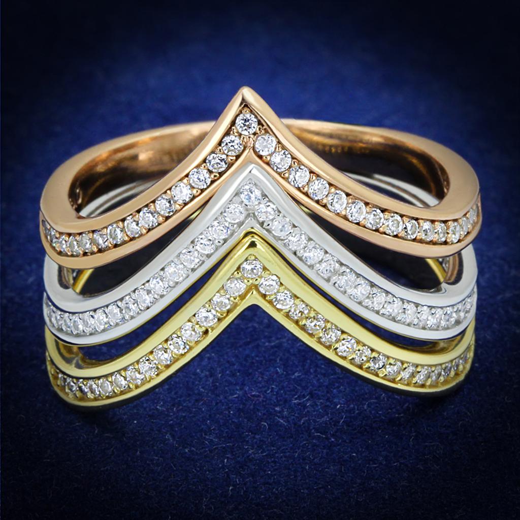 TS416 - Rhodium + Gold + Rose Gold 925 Sterling Silver Ring with AAA Grade CZ in Clear