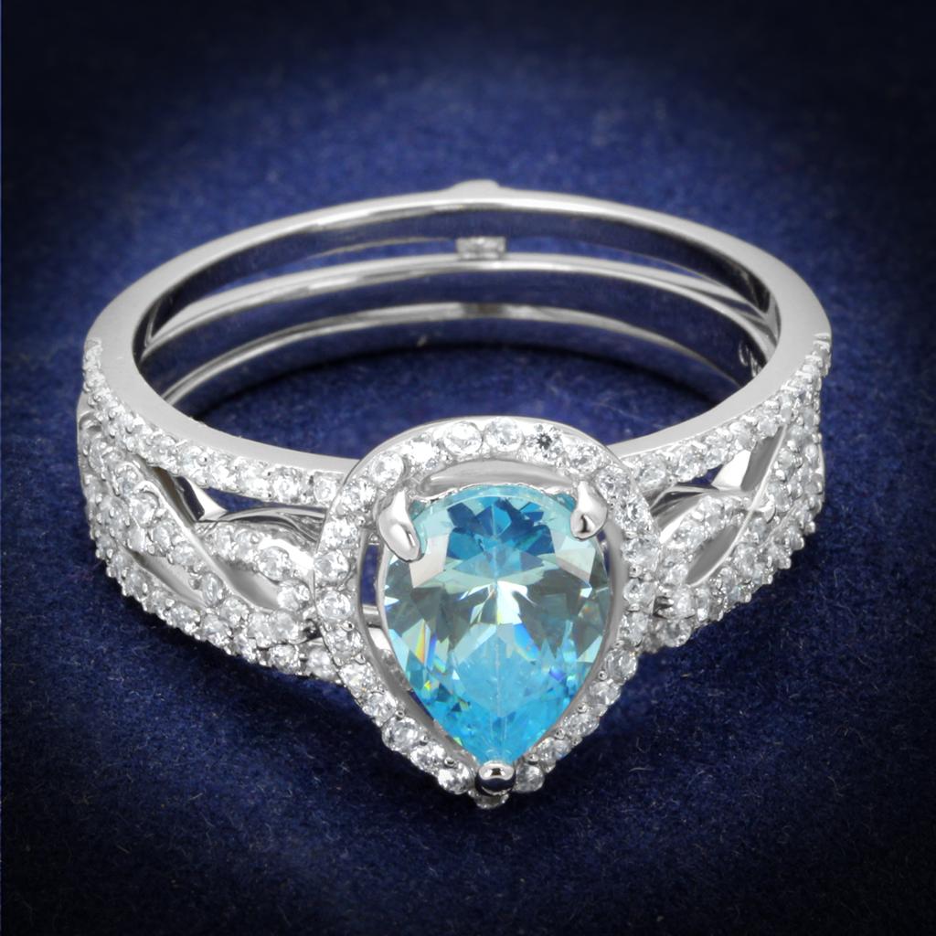 TS453 - Rhodium 925 Sterling Silver Ring with AAA Grade CZ in Sea Blue