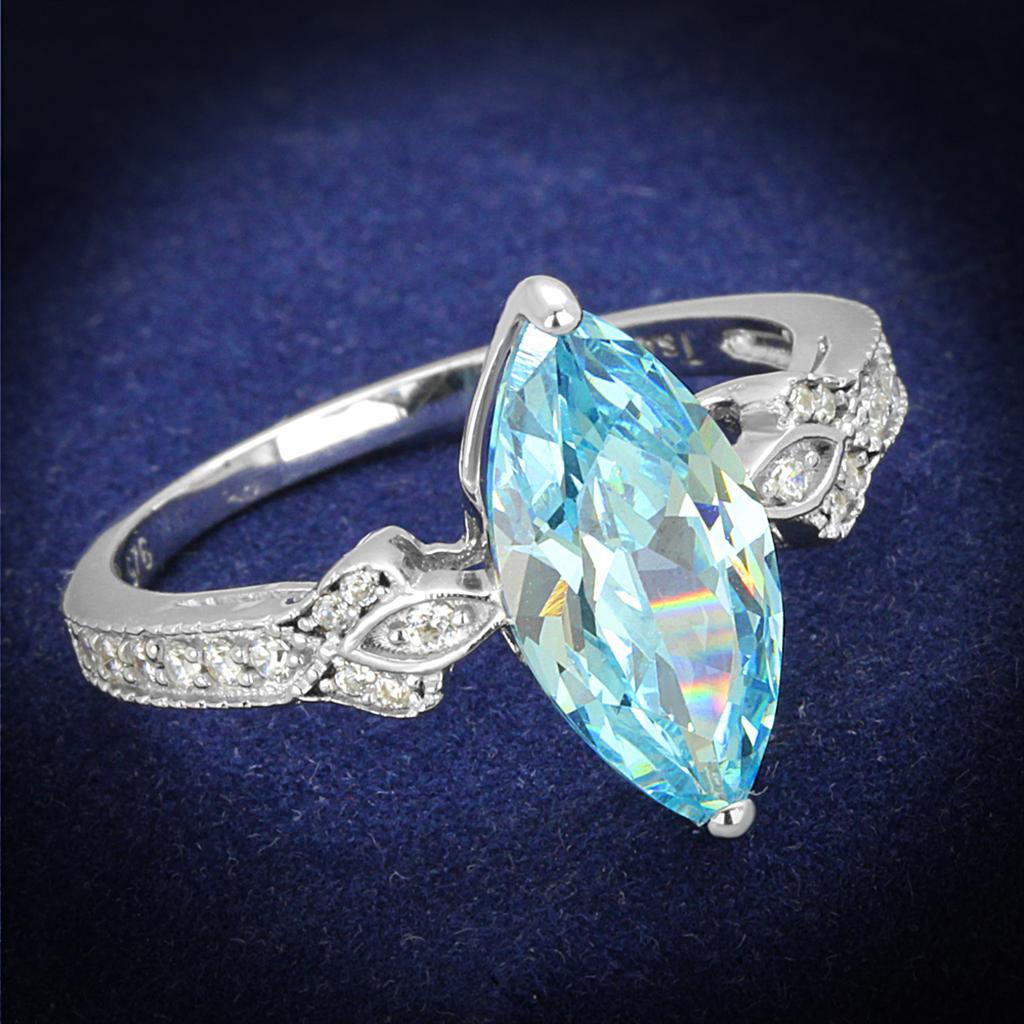 TS502 - Rhodium 925 Sterling Silver Ring with AAA Grade CZ in Sea Blue