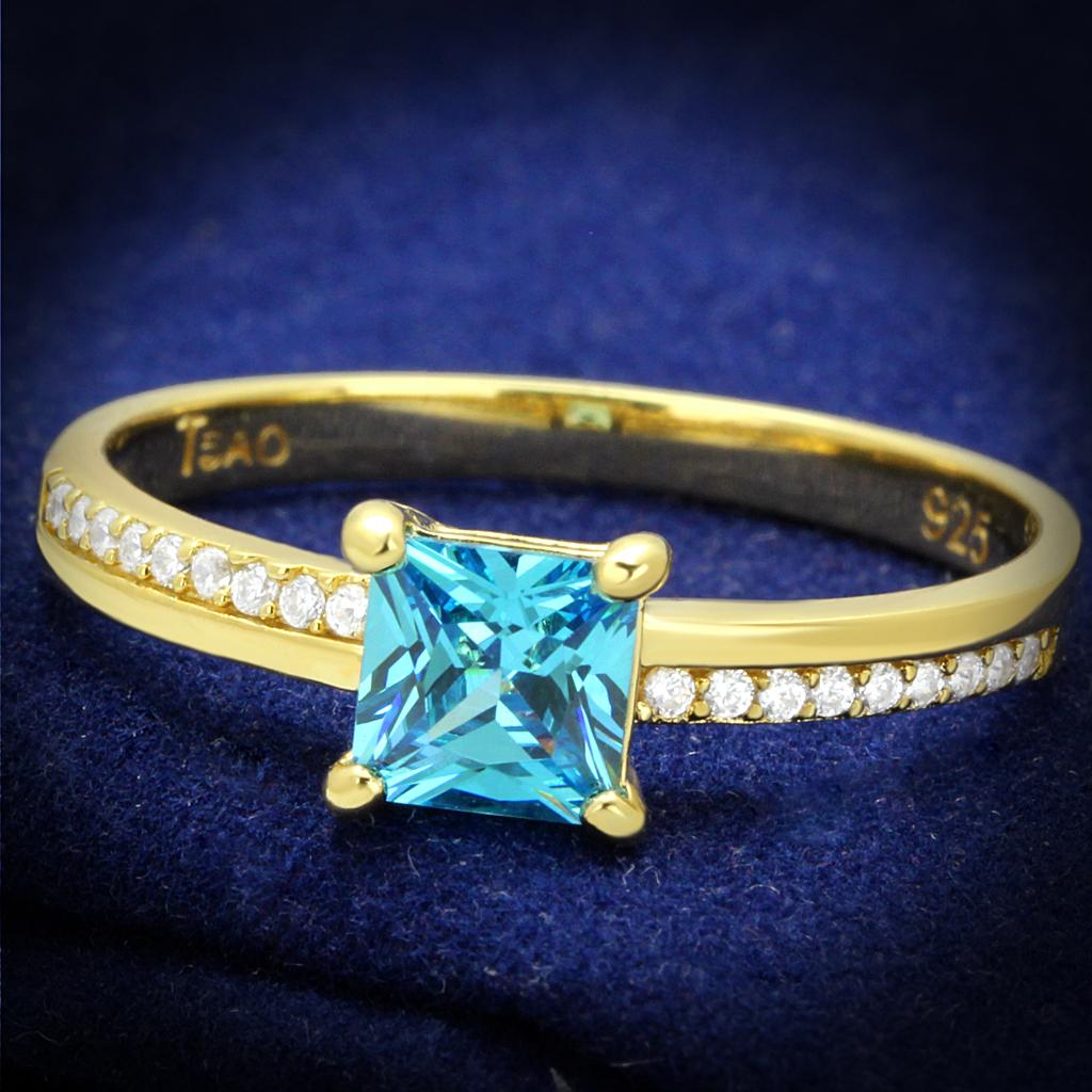 TS559 - Gold 925 Sterling Silver Ring with AAA Grade CZ in Sea Blue