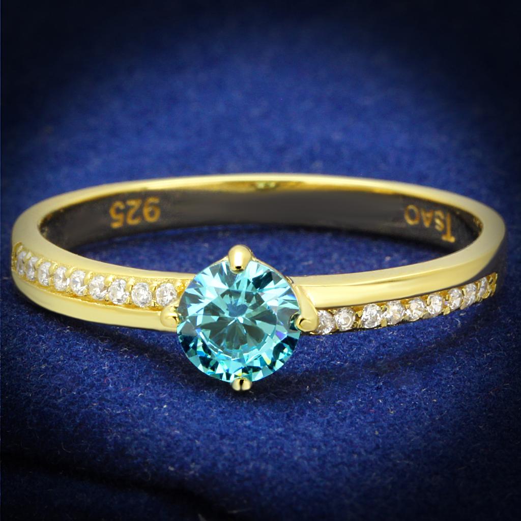 TS561 - Gold 925 Sterling Silver Ring with AAA Grade CZ in Sea Blue