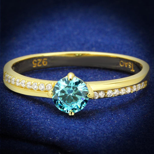 TS561 - Gold 925 Sterling Silver Ring with AAA Grade CZ  in Sea Blue