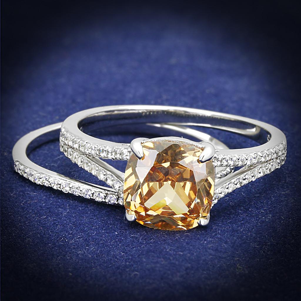 TS604 - Rhodium 925 Sterling Silver Ring with AAA Grade CZ in Champagne