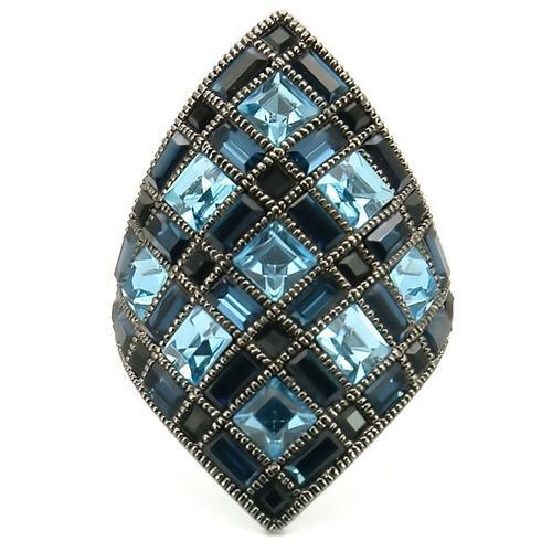 0W235 - Ruthenium Brass Ring with Top Grade Crystal in Sea Blue