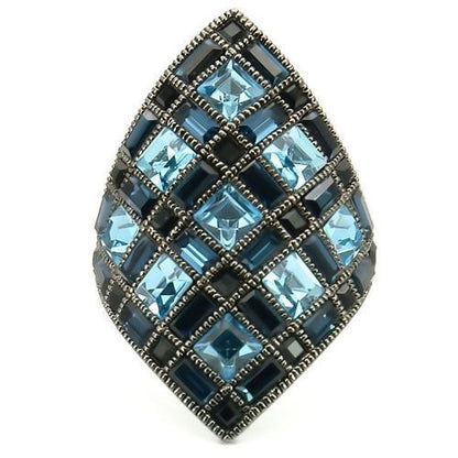 0W235 - Ruthenium Brass Ring with Top Grade Crystal in Sea Blue