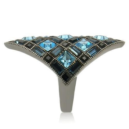 0W235 - Ruthenium Brass Ring with Top Grade Crystal in Sea Blue