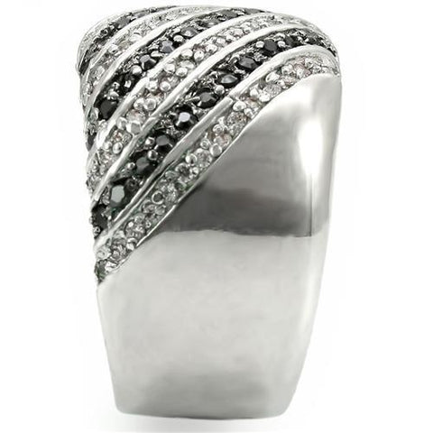 0W351 - Rhodium + Ruthenium Brass Ring with AAA Grade CZ  in Jet