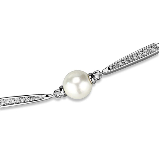3W1041 - Rhodium Brass Bracelet with Synthetic Pearl in White
