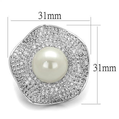 3W1080 - Rhodium Brass Ring with Synthetic Pearl in White