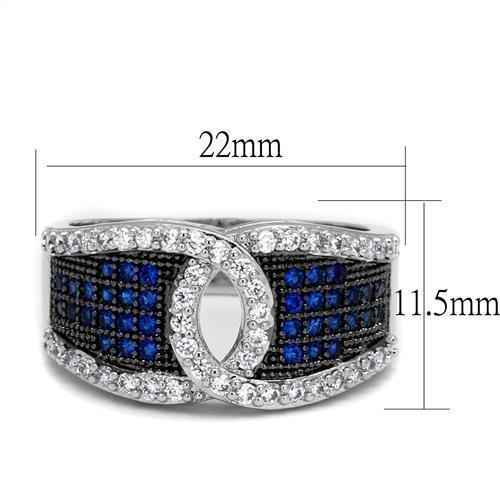 3W1216 - Rhodium + Ruthenium Brass Ring with AAA Grade CZ  in London Blue