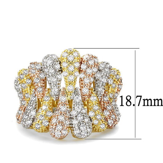 3W1462 - Tricolor Brass Ring with AAA Grade CZ  in Clear