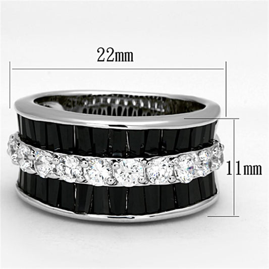 3W513 - Rhodium Brass Ring with AAA Grade CZ  in Black Diamond