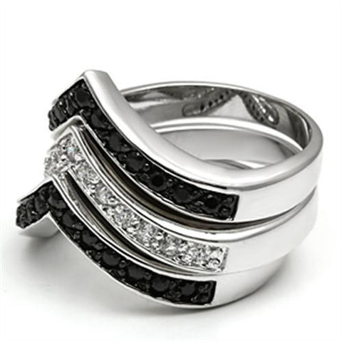 3W028 - Rhodium+Hematite Brass Ring with AAA Grade CZ  in Jet