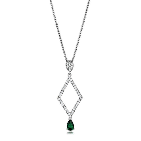 3W1026 - Rhodium Brass Chain Pendant with Synthetic Synthetic Glass in Emerald