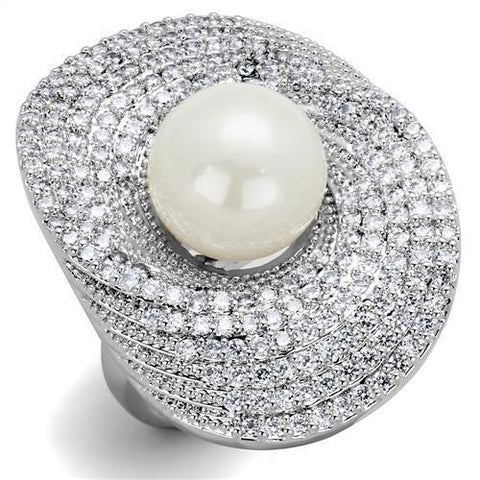 3W1082 - Rhodium Brass Ring with Synthetic Pearl in White