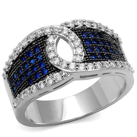 3W1216 - Rhodium + Ruthenium Brass Ring with AAA Grade CZ  in London Blue