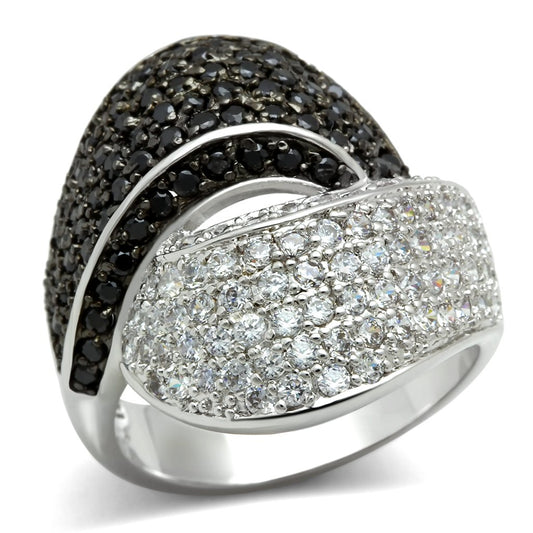 3W157 - Rhodium + Ruthenium Brass Ring with AAA Grade CZ  in Jet