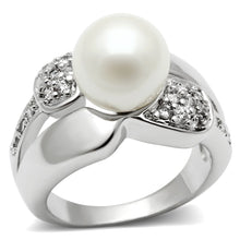 3W182 - Rhodium Brass Ring with Synthetic Pearl in White