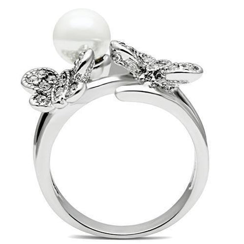 3W223 - Rhodium Brass Ring with Synthetic Pearl in White