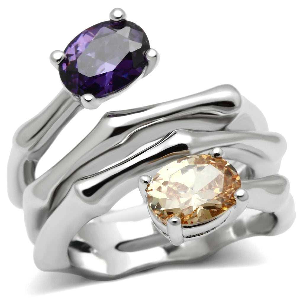 3W224 - Rhodium Brass Ring with AAA Grade CZ  in Multi Color