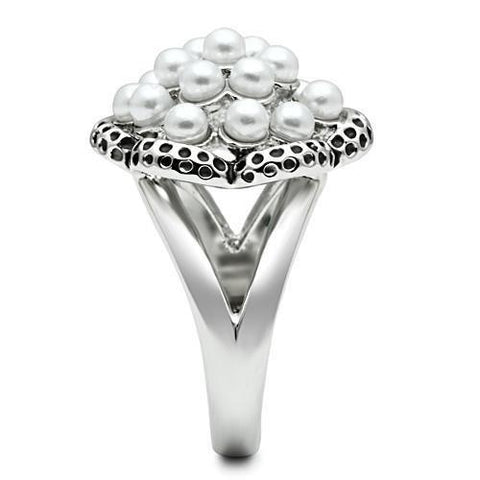 3W232 - Rhodium Brass Ring with Synthetic Pearl in White