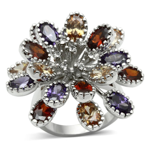 3W251 - Rhodium Brass Ring with AAA Grade CZ  in Multi Color