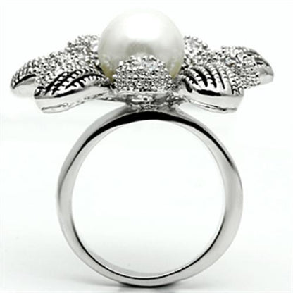 3W294 - Rhodium Brass Ring with Synthetic Pearl in White