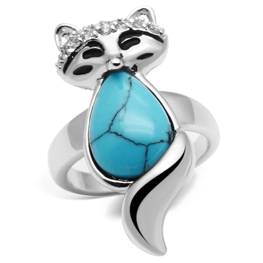 3W295 - Rhodium Brass Ring with Synthetic Turquoise in Sea Blue