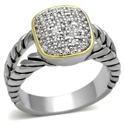 3W322 - Reverse Two-Tone Brass Ring with AAA Grade CZ  in Clear