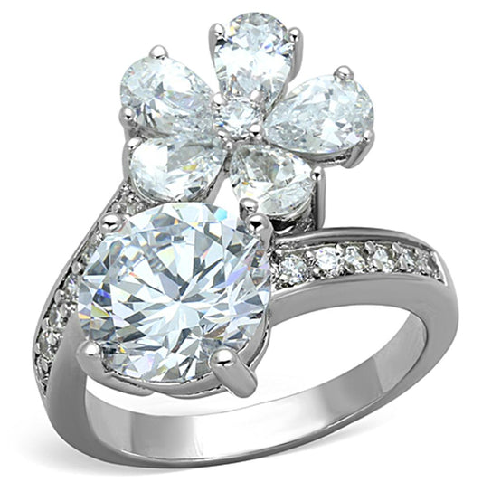 3W576 - Rhodium Brass Ring with AAA Grade CZ  in Clear