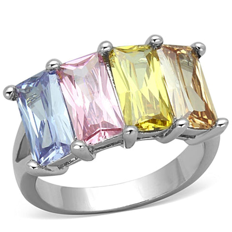 Dana Cocktail Ring - Rhodium Brass, AAA CZ , Multi Color - 3W583