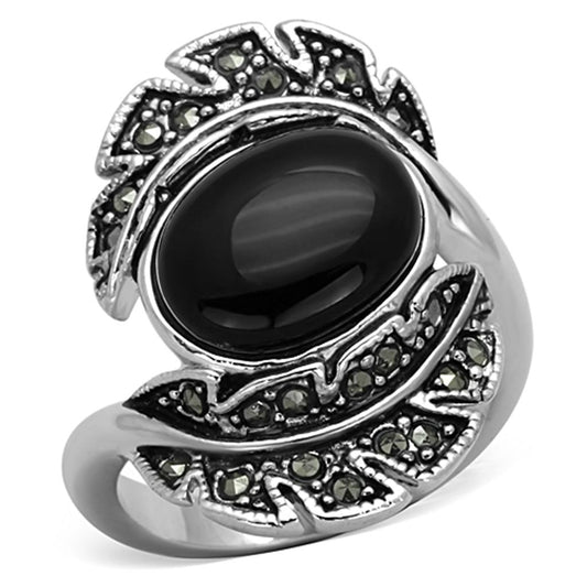 3W597 - Rhodium Brass Ring with Synthetic Onyx in Jet