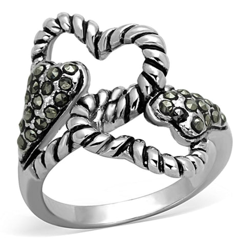 3W608 - Rhodium Brass Ring with Synthetic Marcasite in Black Diamond