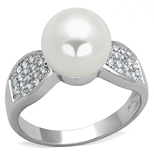 3W761 - Rhodium Brass Ring with Synthetic Pearl in White