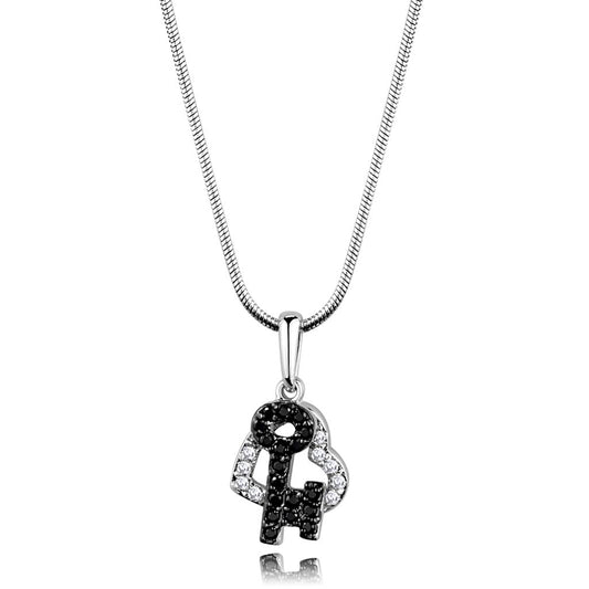 3W799 - Rhodium + Ruthenium Brass Chain Pendant with AAA Grade CZ in Black Diamond