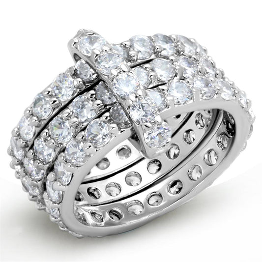 3W875 - Rhodium Brass Ring with AAA Grade CZ  in Clear