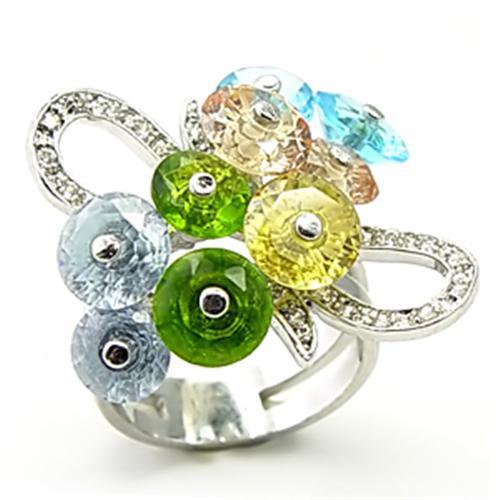 Alishba Cocktail Ring - Rhodium Brass, AAA CZ , Multi Color - 6X029