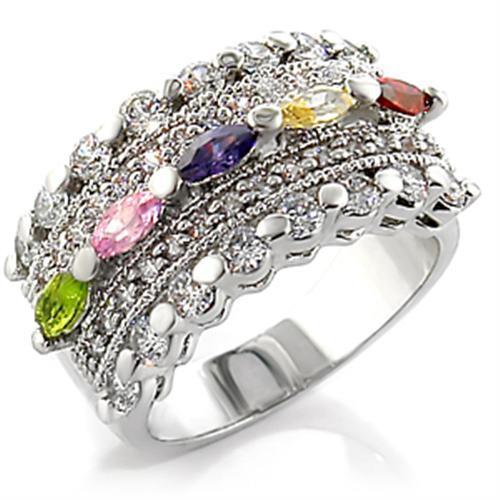 7X129 - Rhodium Brass Ring with AAA Grade CZ  in Multi Color