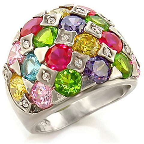 Leanna Cocktail Ring - Rhodium Brass, AAA CZ , Multi Color - 7X150