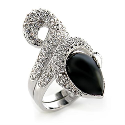 80207 - Rhodium Brass Ring with Semi-Precious Agate in Jet