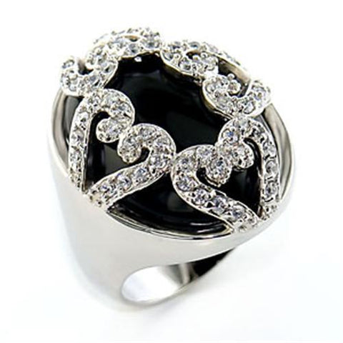 80514 - Rhodium Brass Ring with Semi-Precious Onyx in Jet