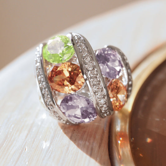 Alaina Cocktail Ring - Rhodium Brass, AAA CZ , Multi Color - 6X019