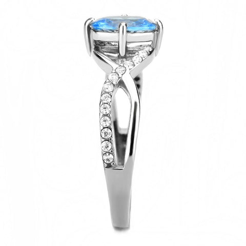 DA117 - High polished (no plating) Stainless Steel Ring with AAA Grade CZ  in Sea Blue