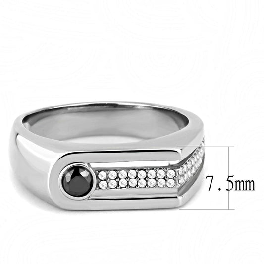 DA286 - High polished (no plating) Stainless Steel Ring with AAA Grade CZ  in Black Diamond