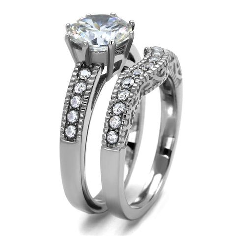 TK1W007 - High polished (no plating) Stainless Steel Ring with AAA Grade CZ  in Clear